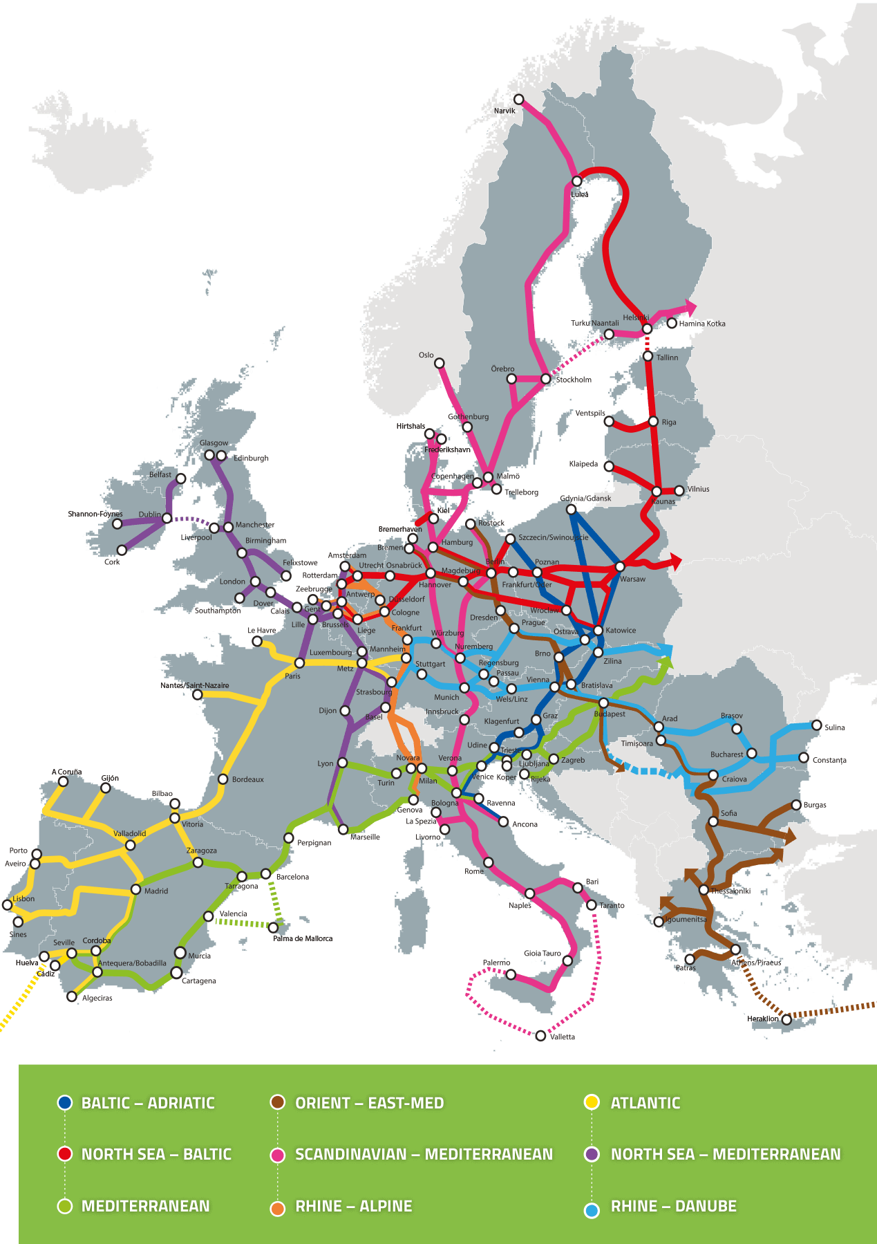 TEN-T-ydinverkko (Trans-European Transport Networks) Euroopan kartalla.